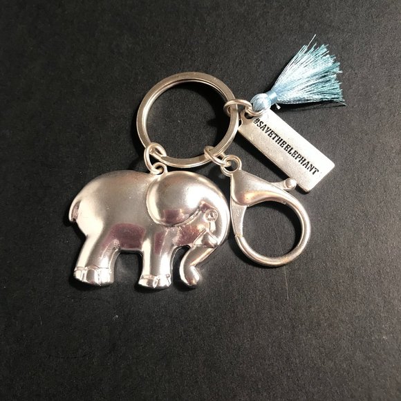 Silvertone #Save the Elephants Key Ring w/Lobster Claw, Blue Tassel & Logo Tag - Picture 1 of 5